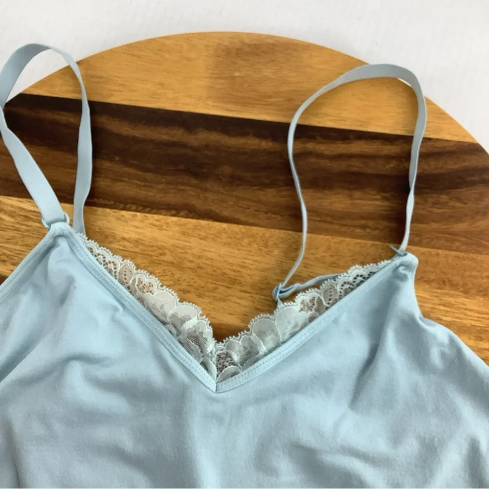 Cacique Bralette Bra 14/16 Nylon Spandex Blue Lace trim No Padding Wireless.